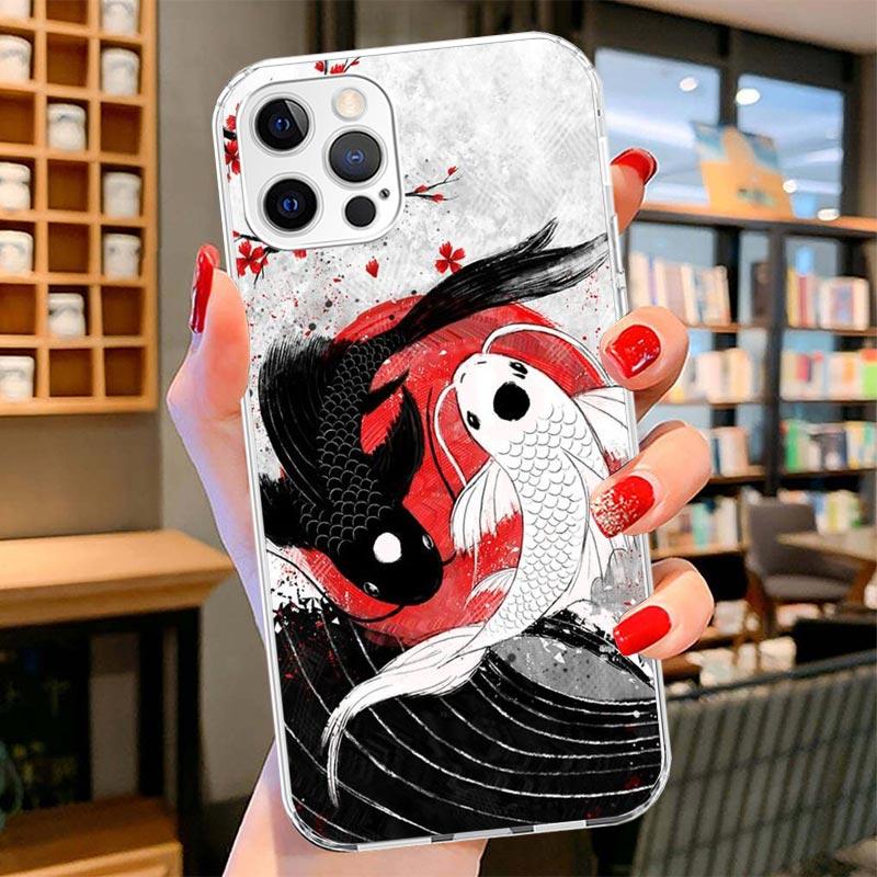 Japan Koi Fish Yin Yang Art Cover Phone Case For iPhone 16 17 Air 15 14 Pro Max 16E Phone Case 13 Mini 12 11 7 SE 8 Print Patter