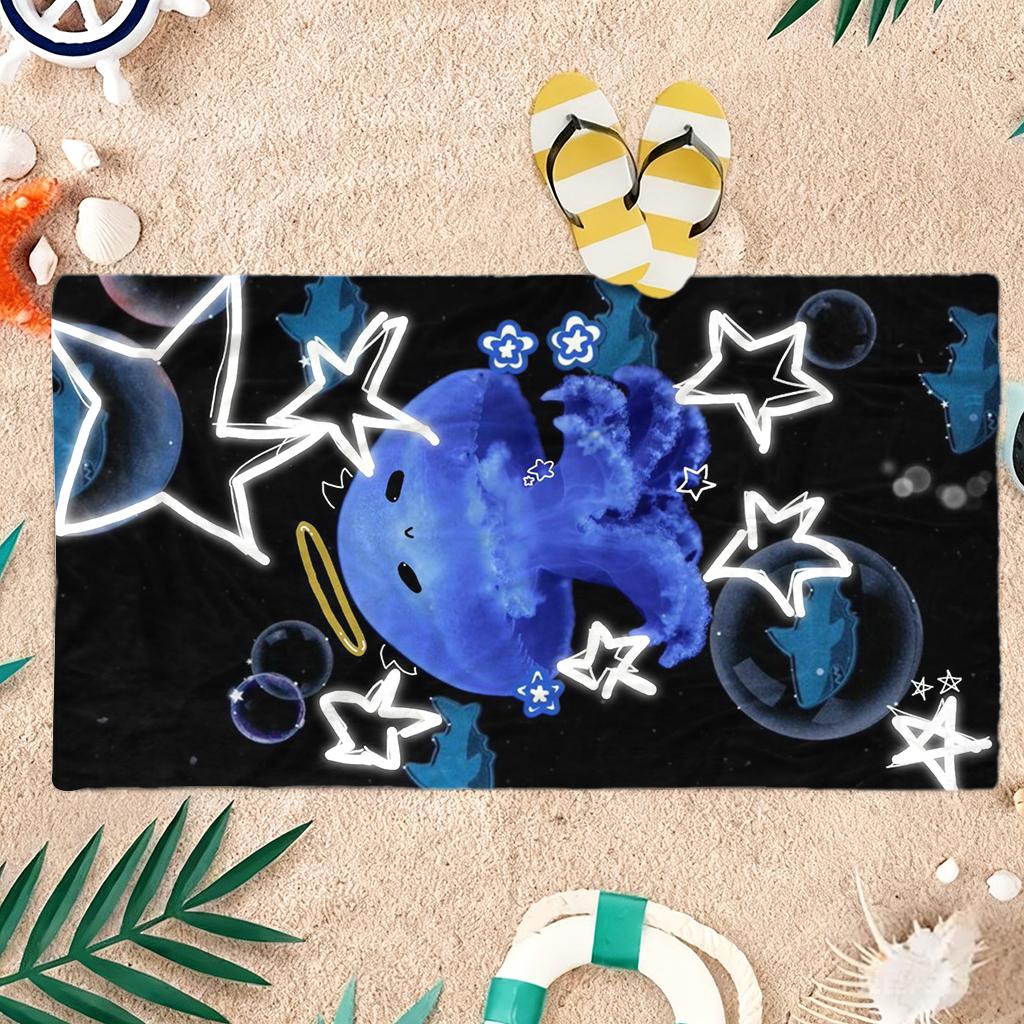 Blue Jellyfish With Star Beach Towel Large Quick-Drying Towel For Beach Pool Sport Yoga Gym Home Travel Towel Gift for Friends
