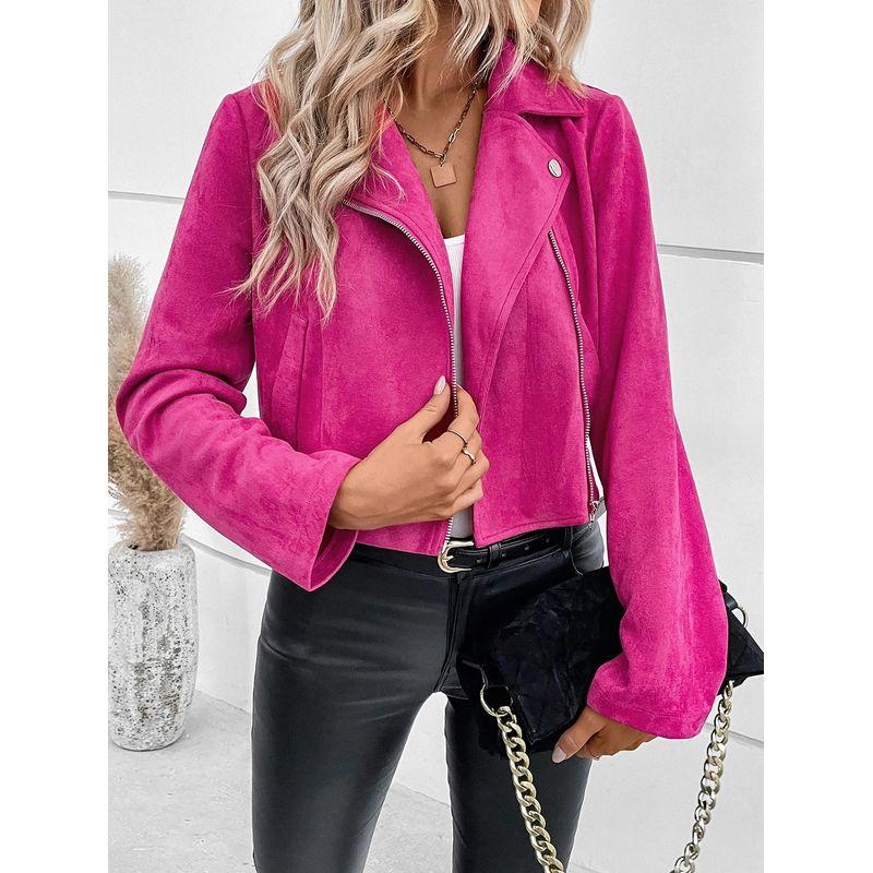 Autumn and Winter New European and American Suit Collar Fashion Zip-up Pink Jacket Long sleeve Short Outerwear Deerskin Velvet Top 6 Colors