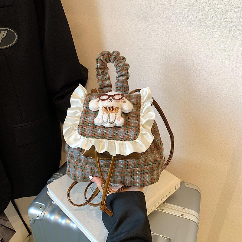 Korean Style Children's Plaid Plush Cartoon Doll Backpack