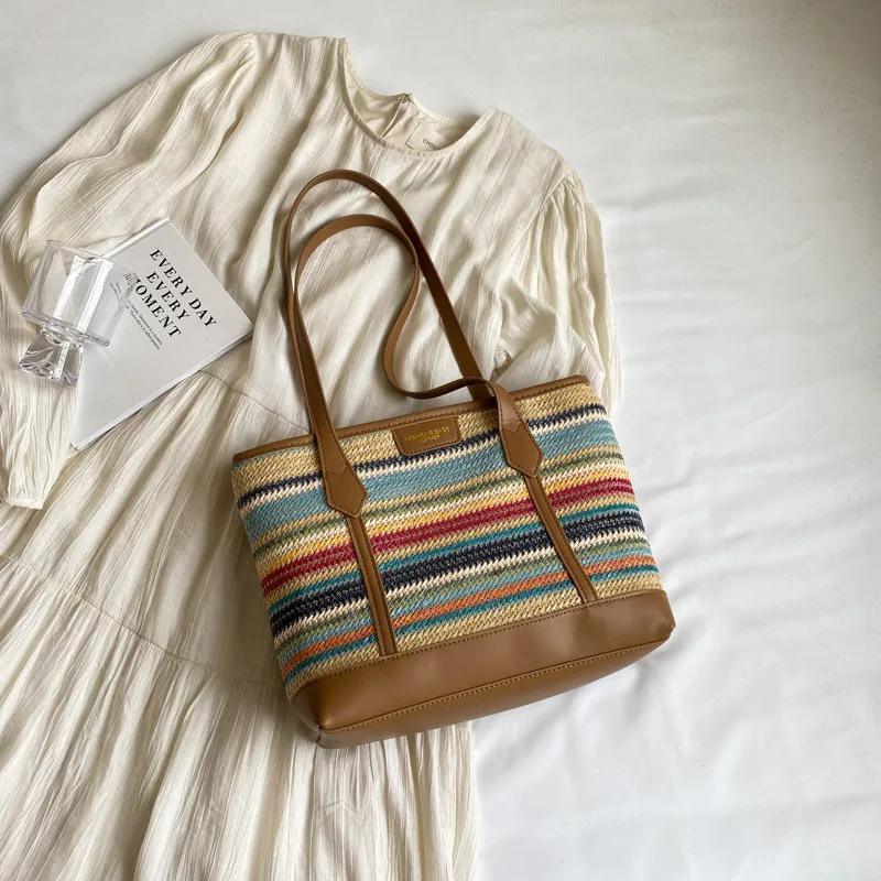 Large Capacity Feminine Straw Bag Striped Bag Versatile Traveler Shoulder Bag New Fashion