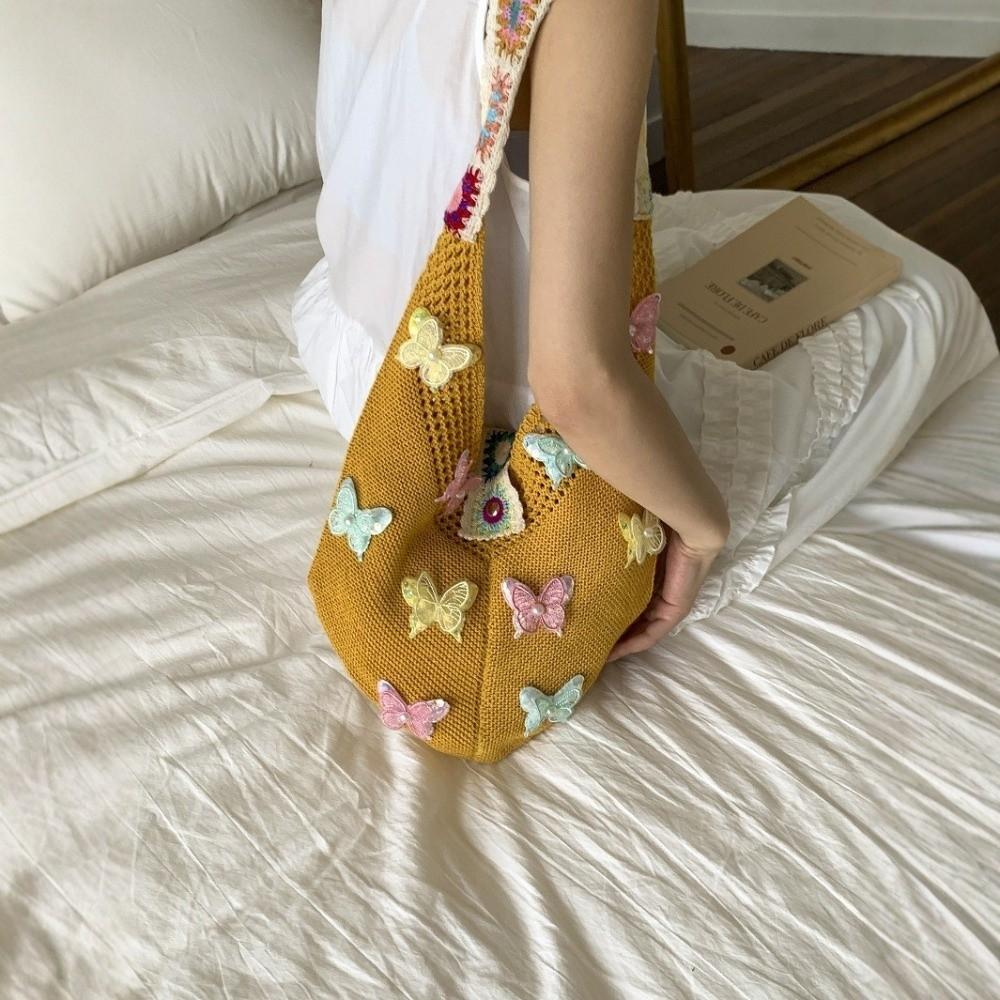 Fashion Large Capacity Women Shoulder Bag Boho Hollow Out Knitted Handbag Butterfly Floral Crochet Multicolor Crossbody Bags