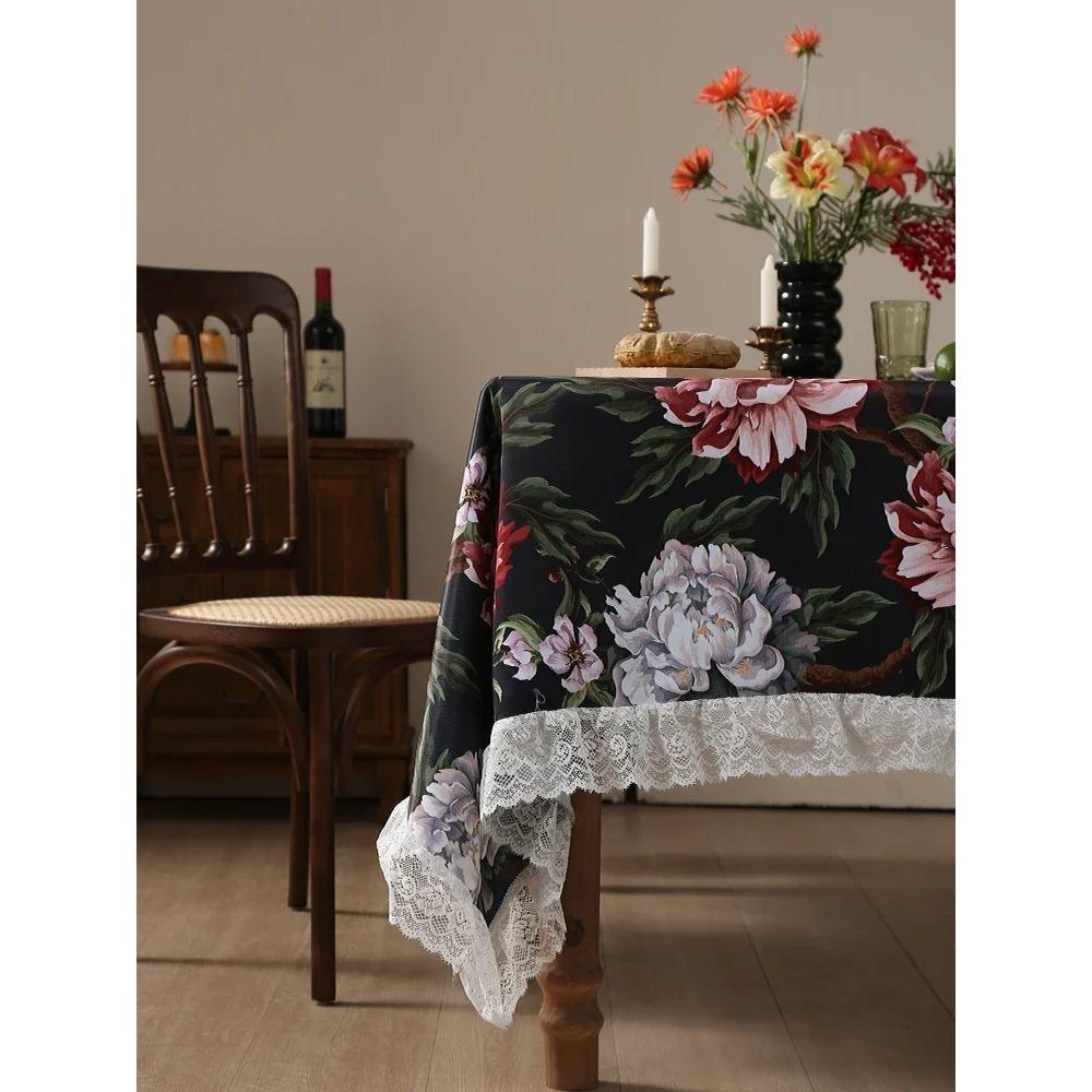 Zwart Bloem Vogel Patroon Tafelkleed Amerikaanse Stijl Wit Kant Tafelblad Hoes Waterdicht Antislip Slijtvast Tafelkleed