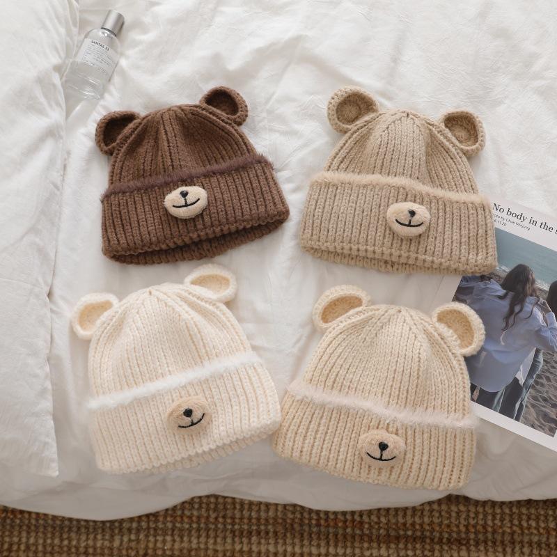 Thick knitted handcrafted bear wool Moao children's cute warm casual and face showing small pullover hat  cold hat for autumn and winter