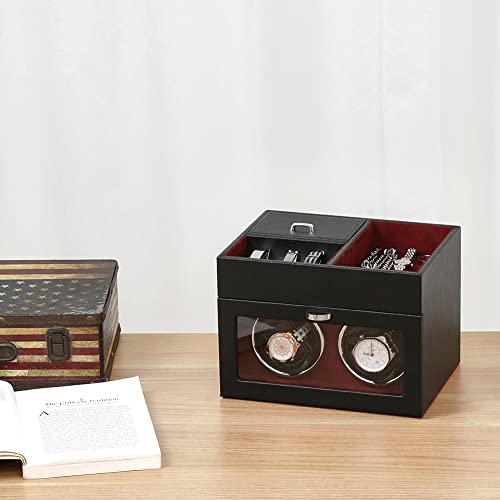 Mabuchi Motor New Automatic Watch Winder, Wooden, Fits Both Men's and Women's Watches, 2023 Upgrade (Black Exterior, Red Interior - W142R)