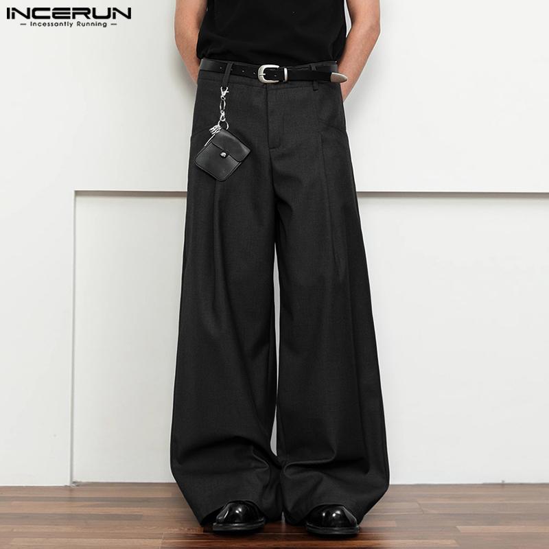 INCERUN Men Zip-up Waist Pockets Casual Loose Long Wide Legs Pants Trousers