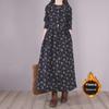 Women's Retro Floral Velvet-Lined Cotton Linen Dress - Round Neck, Long Sleeves, Loose Fit for Autumn/Winter 2023.