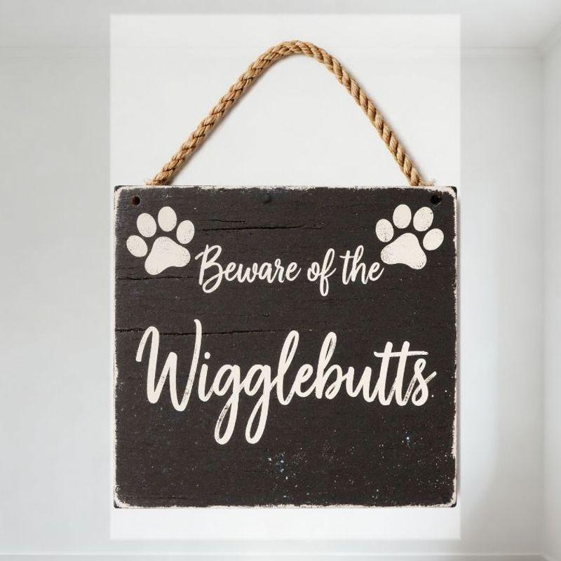 

Rustic Wooden Sign with Black Base & White Distressed Paint, Paw Prints, Beware of the Wigglebutts Text, Natural Rope Hanger f 20x30cm（7.8x11.8inch）