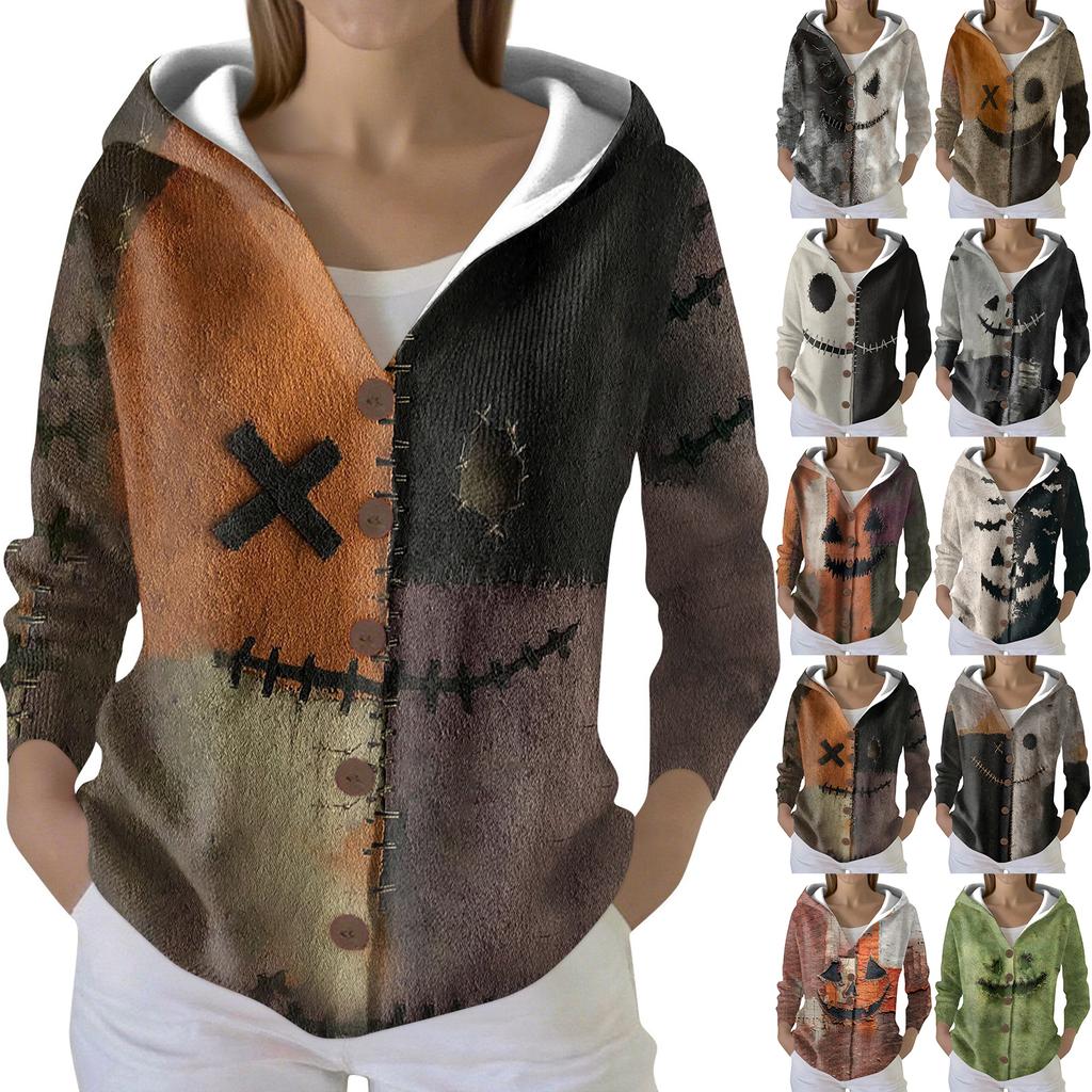 Mote for kvinner, avslappet genser, knappestrikkejakke med trykk, hettejakke