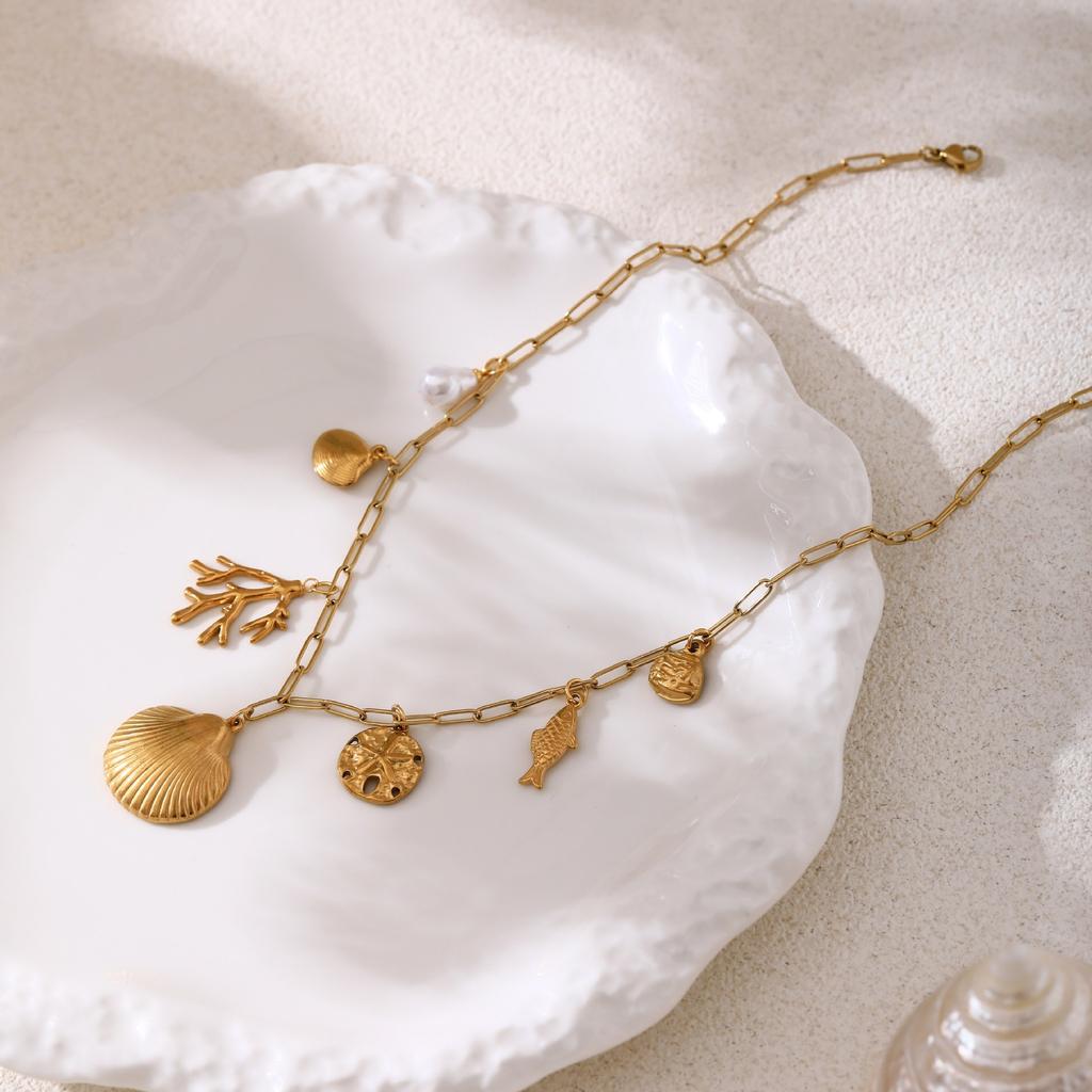 Stainless Steel Exaggerated Beach Shell Pearl Coral Fish Necklace Furnace Vacuum Plating 18K Gold Color Retention