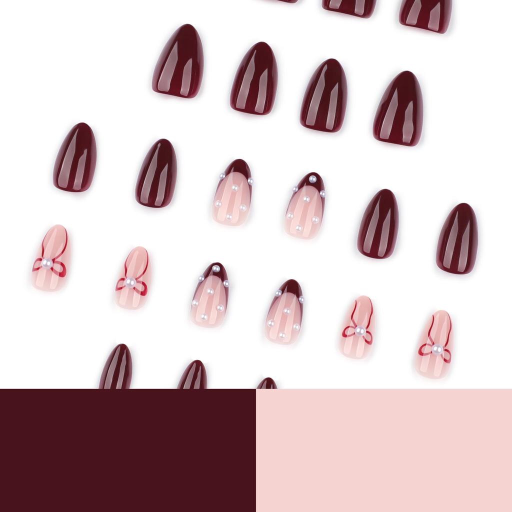 Red Almond-Shaped Wearable Nails with Bow - Short French Style for New Year