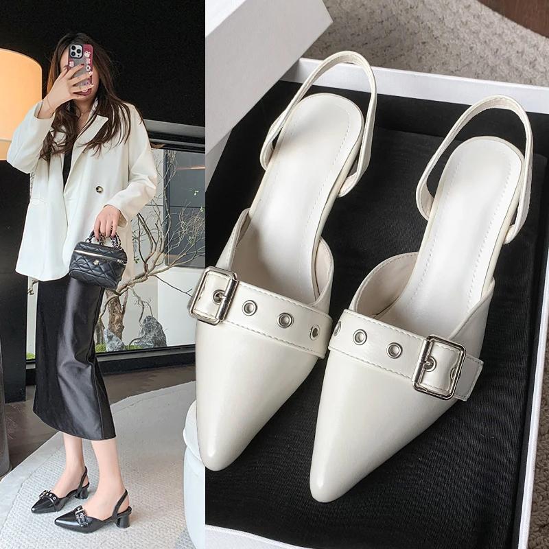Small Fragrant Style Women Shoes Circle High Heel Sandals Solid Color Pointed Toe Ladies Back Style Single Shoes Shoes for Women