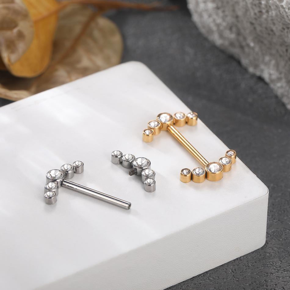 1 Peça Barra de Titânio para Mamilo com Argola Cristal CZ Banhada a Ouro com Escudo Pendurado Barra para Mulheres Piercing de Mamilo com Rosca Interna