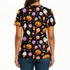 Women's V-Neck Short Sleeve Scrub Top with Pockets and Side Slits, Halloween Print