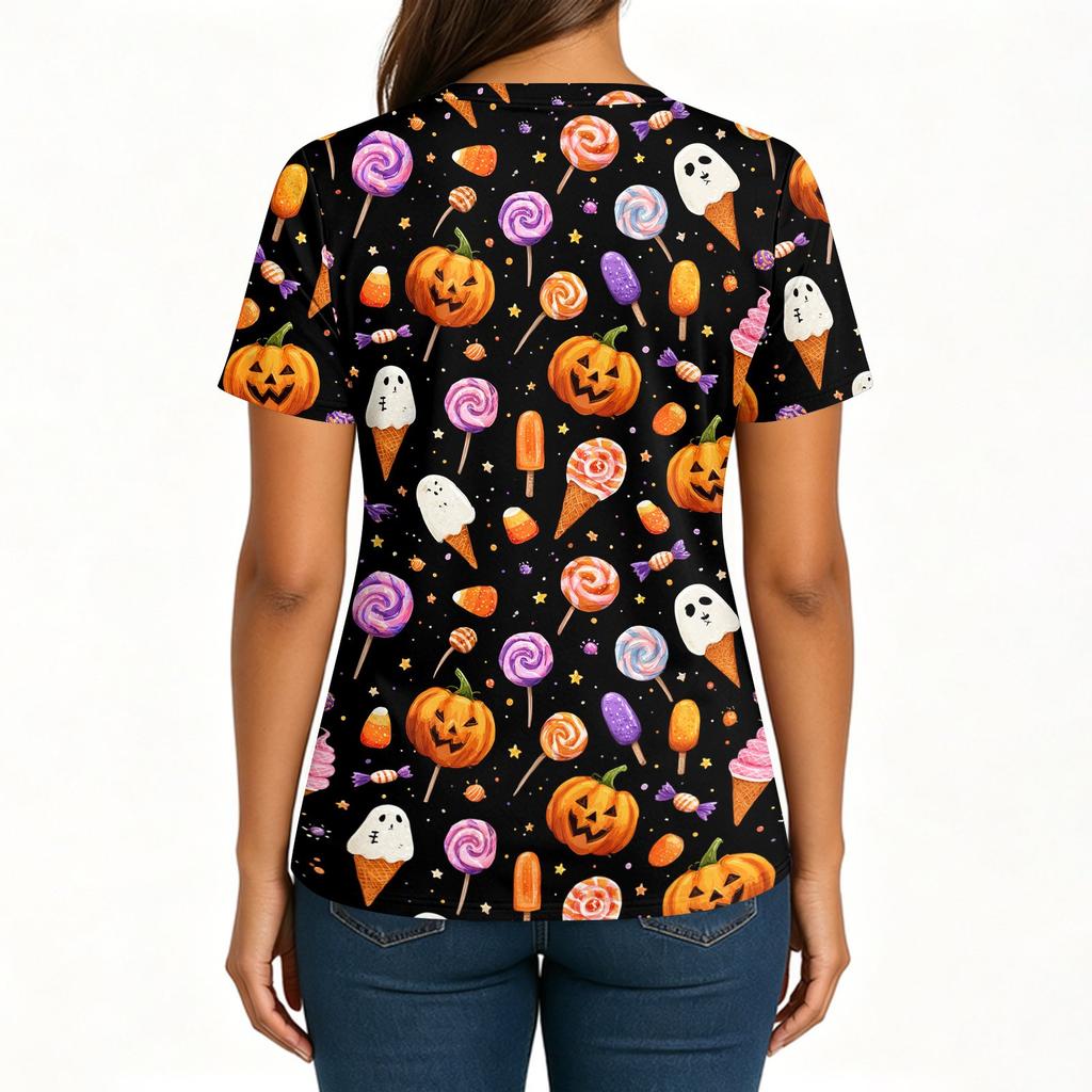 Women's V-Neck Short Sleeve Scrub Top with Pockets and Side Slits, Halloween Print