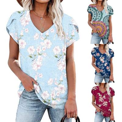 Womens Ladies Summer V Neck Blouse Solid Color Printed Short Sleeves T-shirt Tops