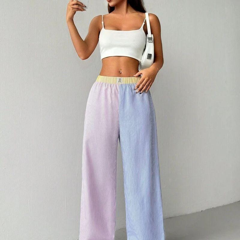 

2025 Southeast Asia Stripes Print Elastic Color Contrast Patchwork Waist Loose Loose Pants Drape Colorblock Casual Pants Color matching L