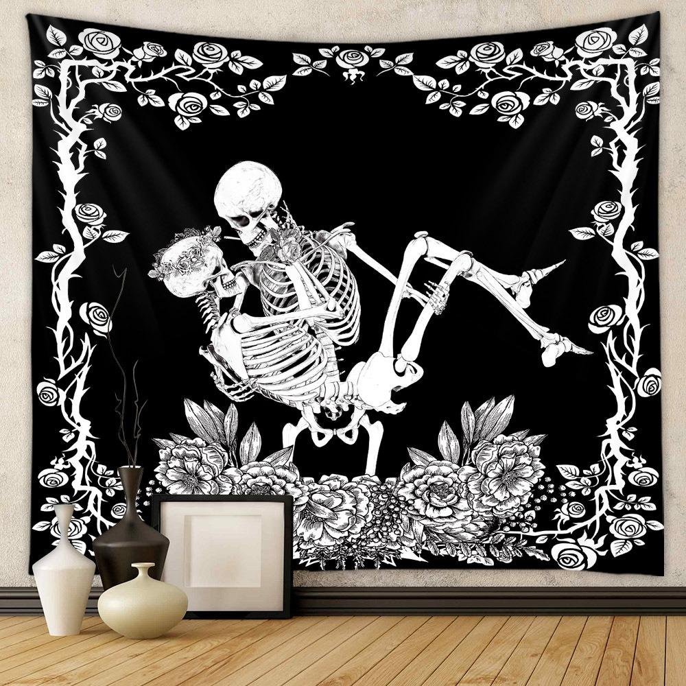 The Lovers Tarot Card Tapestry Skeleton Kissing Wall Hanging Vintage Floral Polyester Decor for Bedroom Living Room Aesthetic