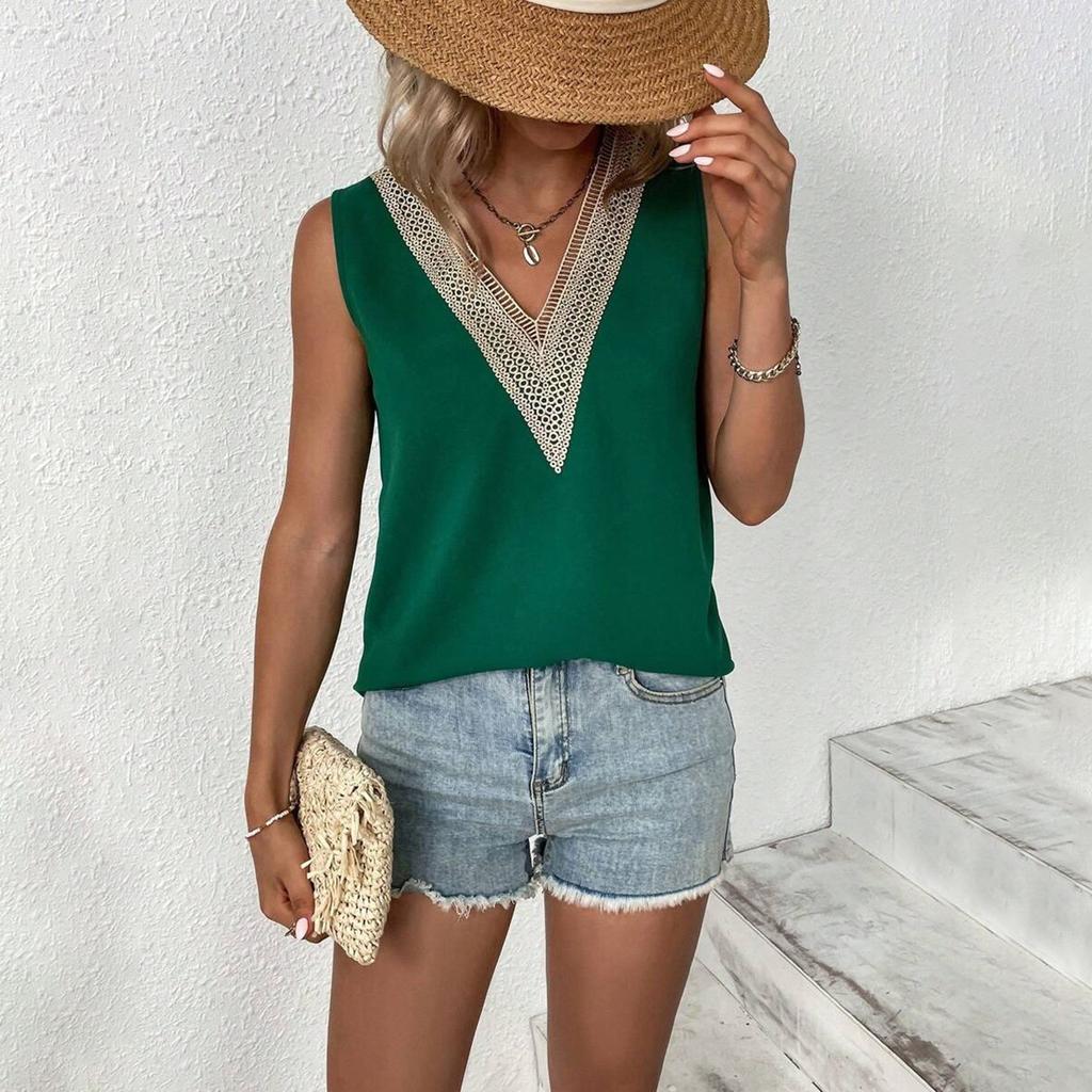 Women's Lace Patchwork Top Satin Shirt, Spring and Summer Loose Sleeveless Blouses & Shirts