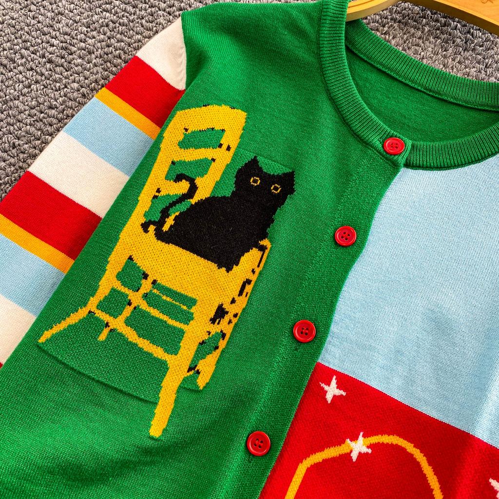 Herbst Winter Damen Damen O-Ausschnitt Cartoon Print Einreihig Gestrickte Pullover Strickjacken Tops für Schülerin