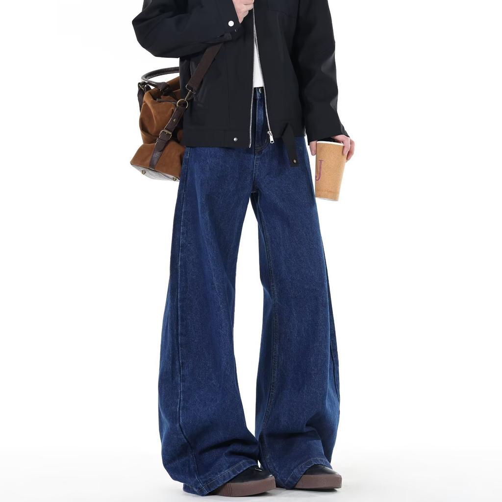 Plus size American vintage dark blue wide-leg jeans for men, loose trendy hip-covering, slimming drape curved blade floor-length pants
