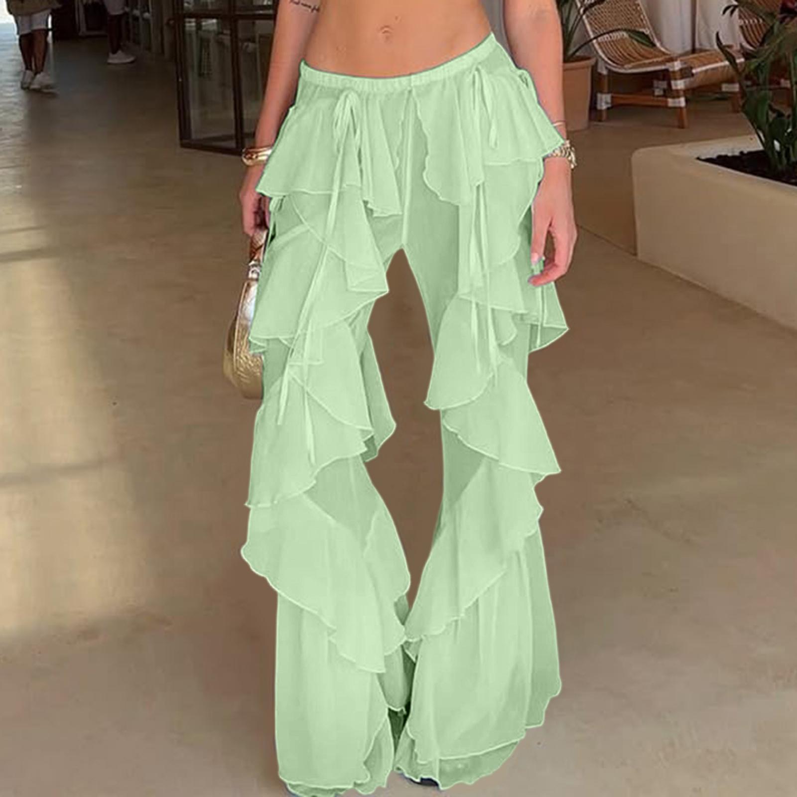 

Ladies Color Ruffle Edge Splicing Strap Loose Pants M зелений