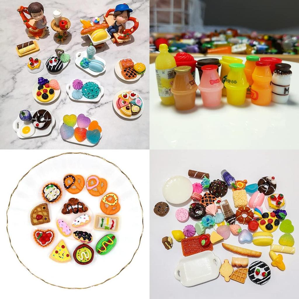 100 Pieces Miniature Food Drink Bottles Toys Dollhouse Pretend Play Kitchen Cooking Game Party Accessories Toys Hamburger Cake Pizza Doll House