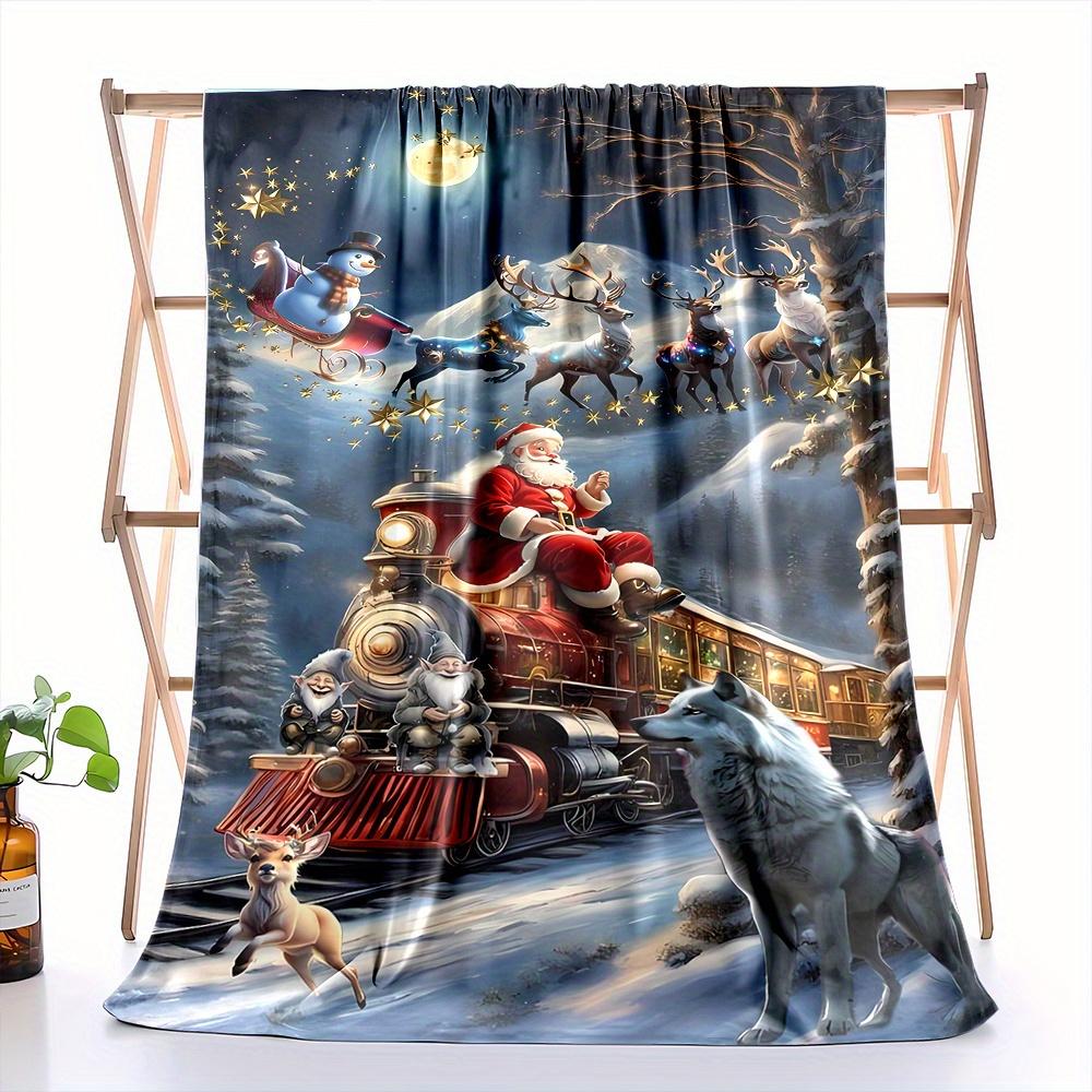 Cozy Flannel Christmas Blanket with Santa & Reindeer Print Train Scene - Soft, Warm, Reversible Throw for Sofa, Bed, Camping