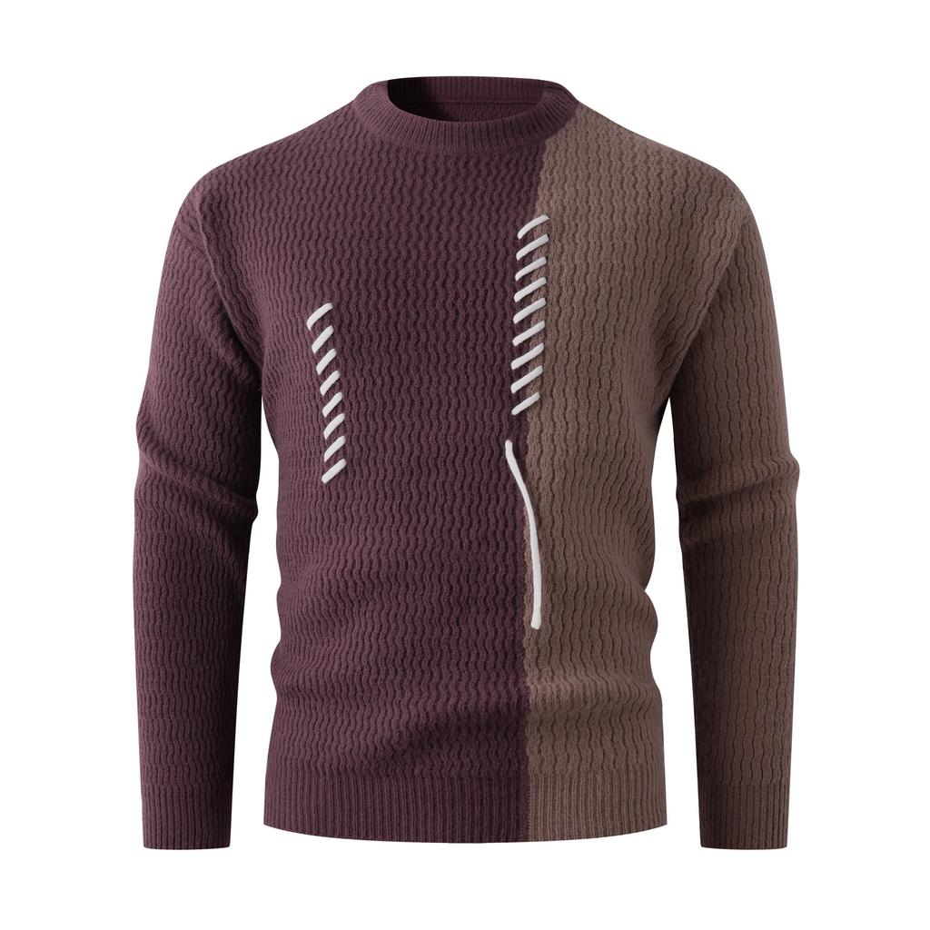 Autumn And Winter Men'S Crew Neck Color Matching Sweater Woven Rope Youth Leisure Bottoming Knitted Sweater