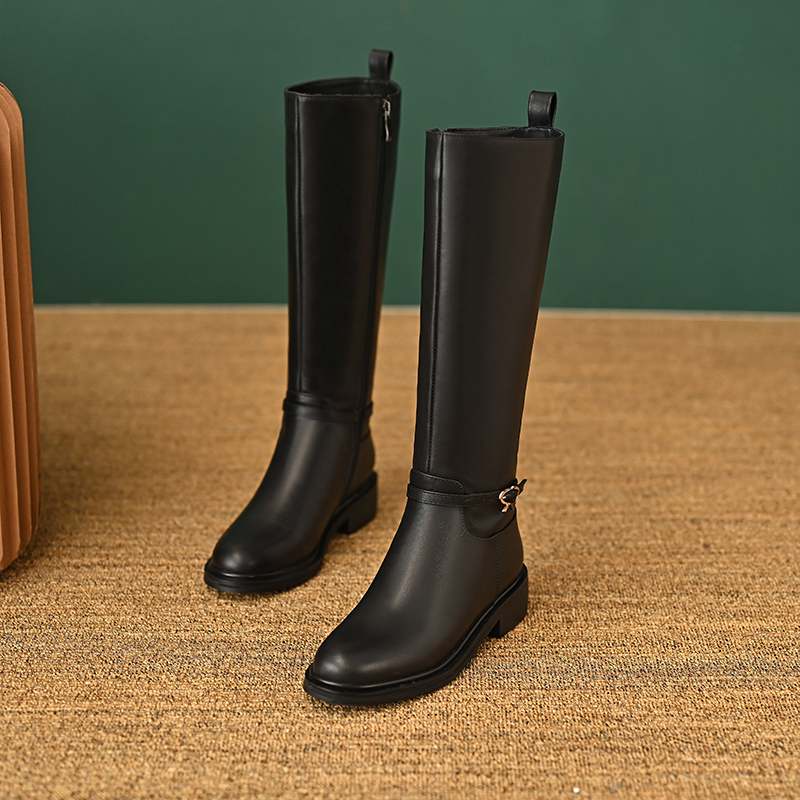 Krazing Pot Piele de vaca Pantofi Toamna Iarna Toc Mediu Gros Marime 45 Marime 44 Piele Incrucisata Femei Mentine Caldura Cizme inalte pe coapsa