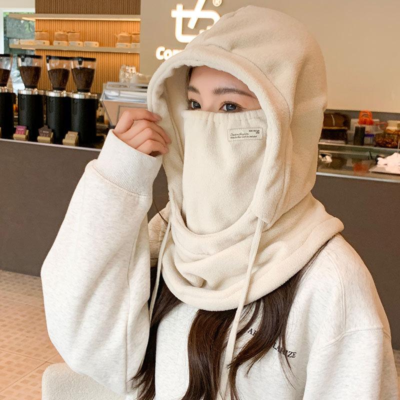 Women's fleece warm ear protection scarf integrated hat autumn and winter men's pullover one-piece hat outdoor skiing