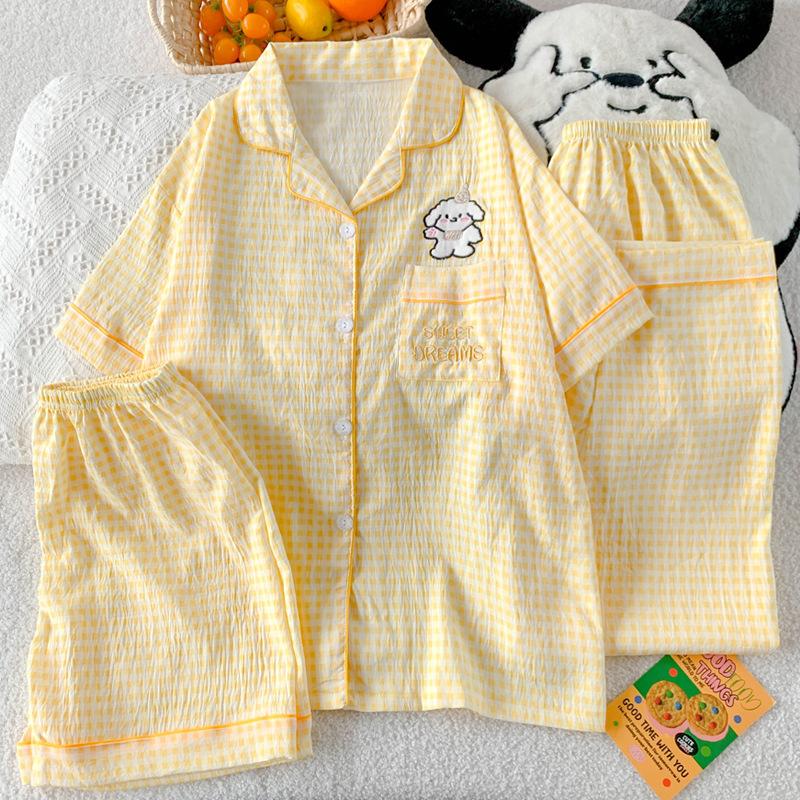 Milk Yellow Grid Line Puppy Pajamas Women'S Summer High-Value Cloud Cotton Loungewear Short-Sleeved Three-Piece Set