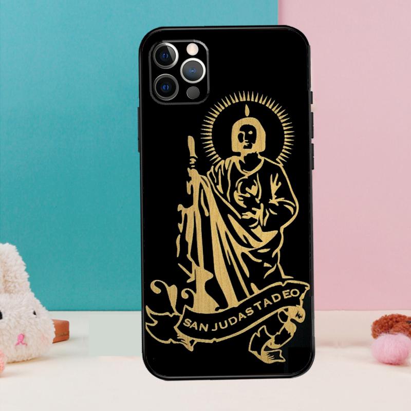 Guadalupe San Judas Wood Phone Case For iPhone 16 15 13 12 11 14 Pro Max 12 13 Mini XR 15 16 Plus 16e Cover Coque