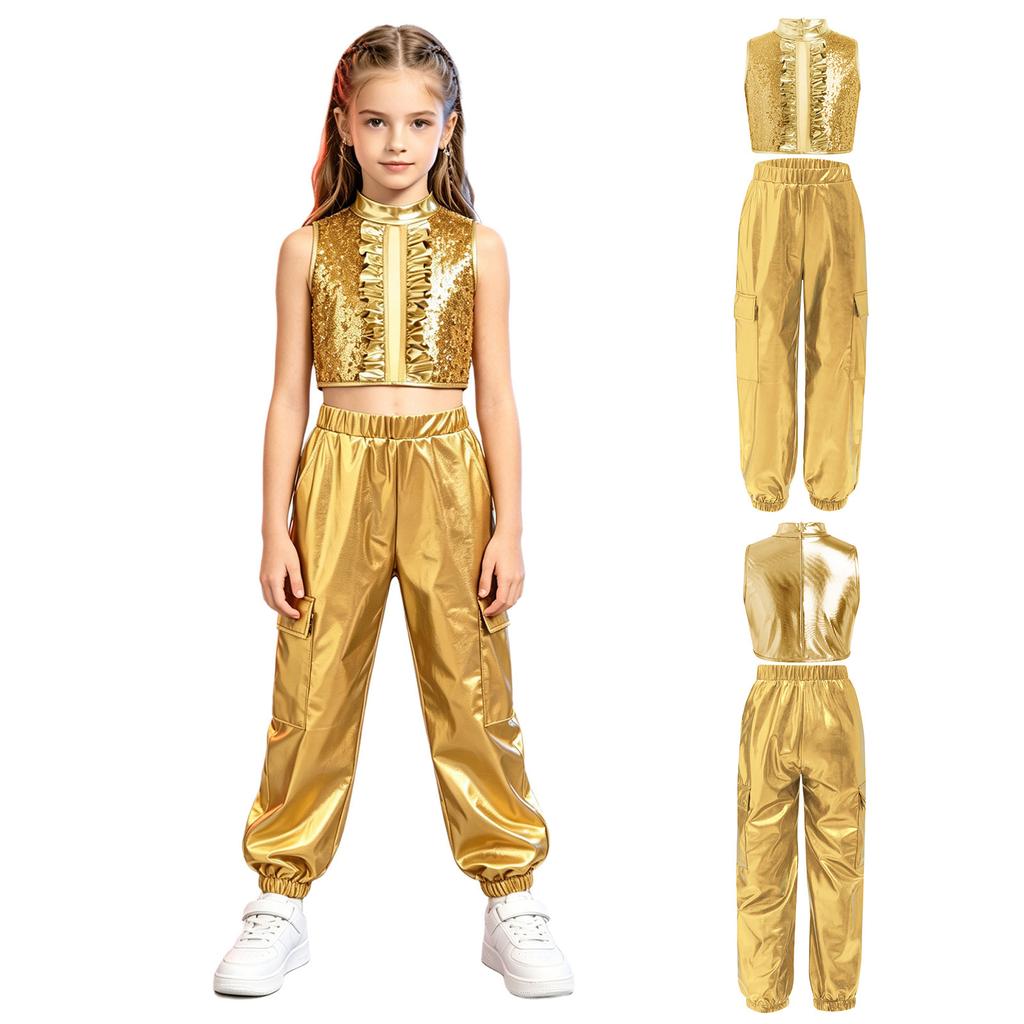 Mädchen Jazz Dance Crop Top Stehkragen Ärmellos Verdeckter Reißverschluss Hinten Pailletten Metallisches Patchwork Rüschen mit Glänzender Hose für Bühnenauftritt