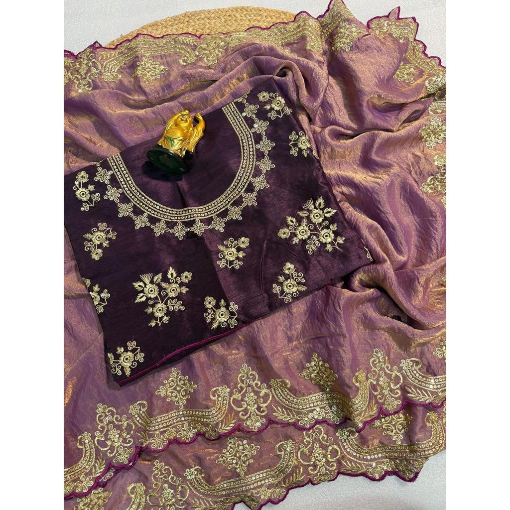 Königlicher Satin Zari Pailletten-Sari – Premium Designer Festtagsmode