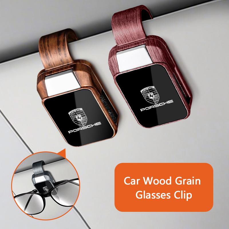 Wood Grain Car Sun Visor Glasses Clip Sunglasses Ticket Card Holder For Porsche Panamera Cayenne Taycan 911 718 Macan Carrera-GT