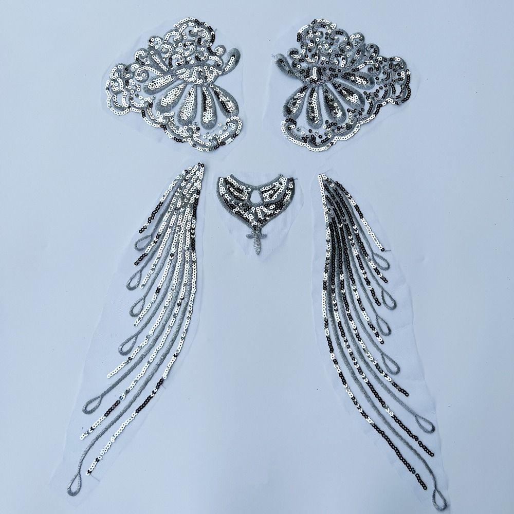 1 Set Gold Silver Sequin Lace Fabric Patch Embroidered Tassel Sequined Patch Bodice Collar Applique Elegant Organza Trim