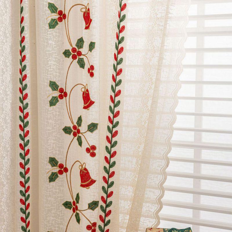 2 Panel Santa Claus Lace Gauze Curtains Christmas Bell Embroidery Curtains Translucent Lace Curtains Home Decoration Curtains