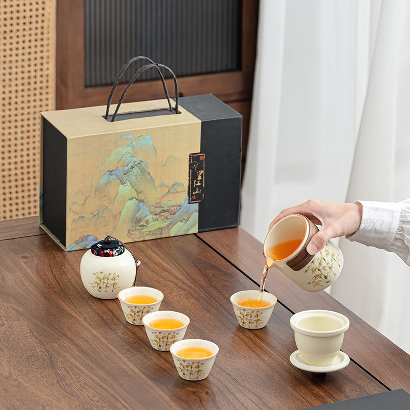 Ru kiln gold silk ancient rhyme Guochao ceramic kung fu travel tea set thousand miles of Jiangshan high-end gift box