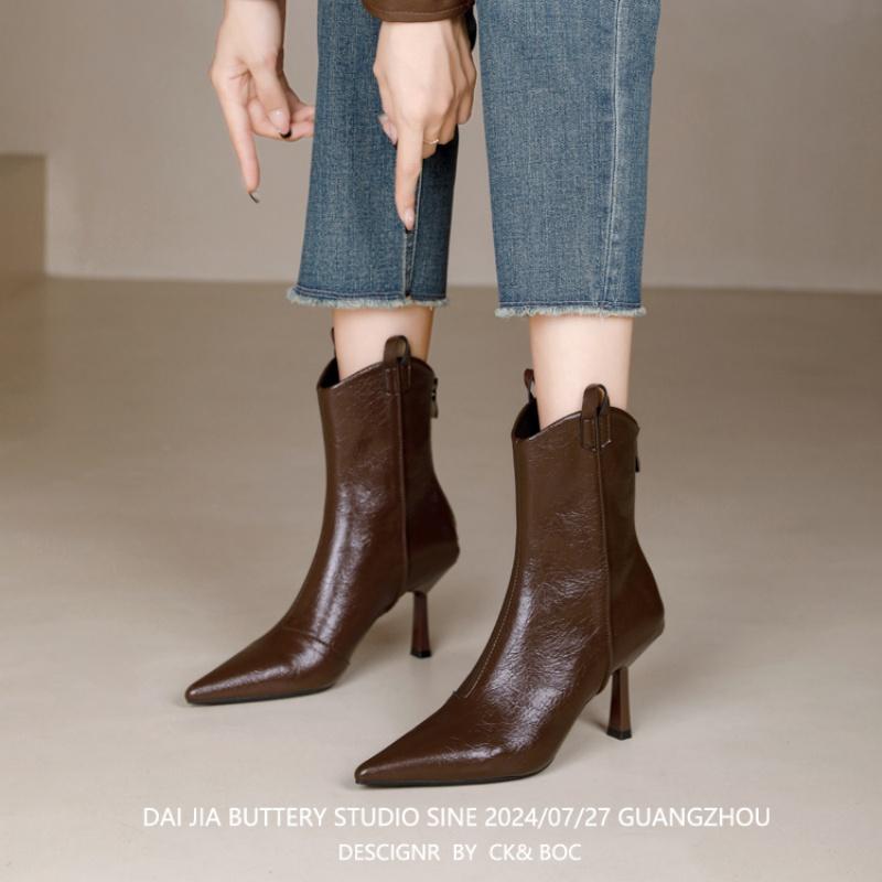 Fashion Shoes Boots Women New 2025 Zipper Winter Footwear Ankle Pointy Autumn Leather High Heel Ladies Pointed Toe Pumps Thin Zipper Win