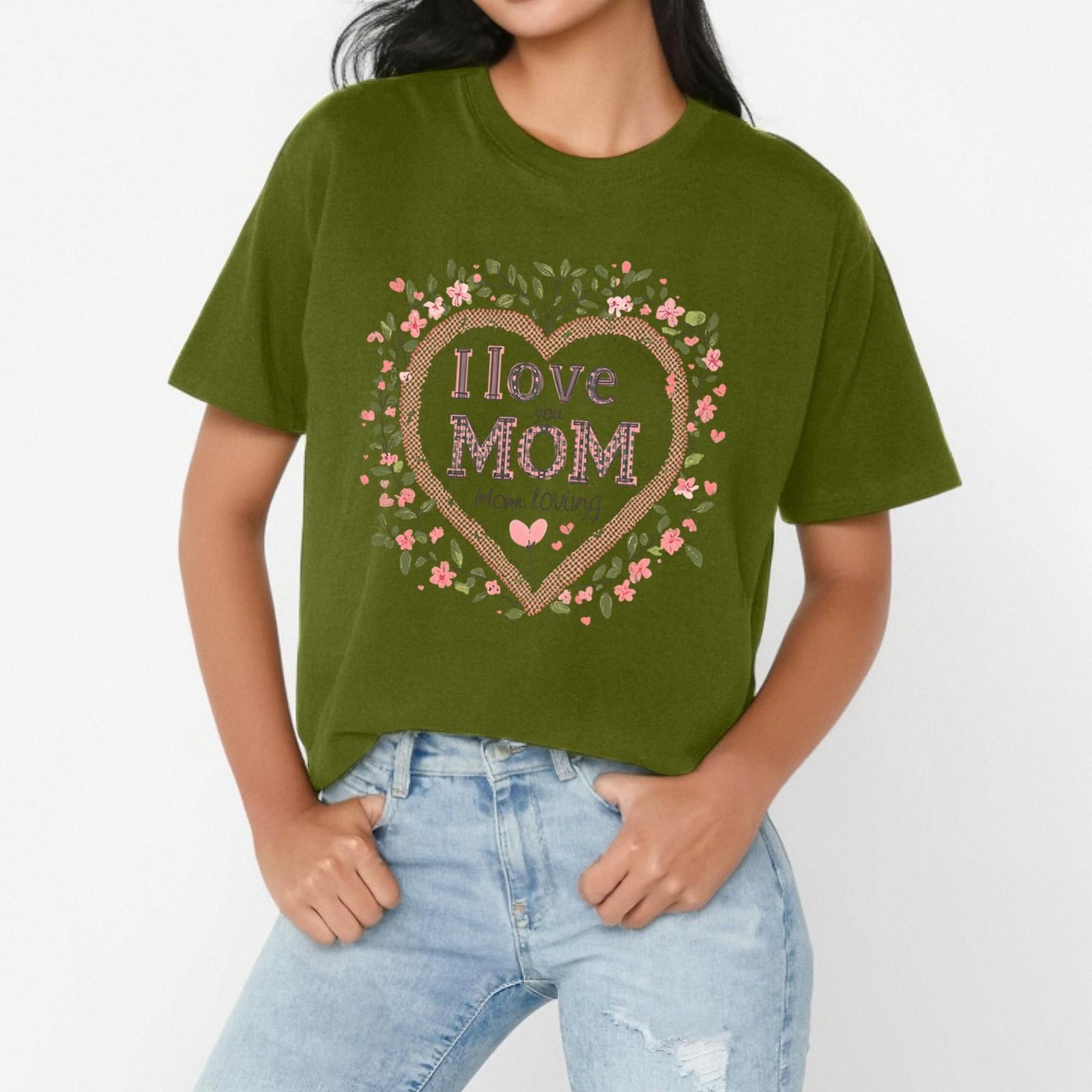 

Женская повседневная свободная футболка с принтом «День матери» I LOVE MOM, круглый вырез, короткий рукав, пуловер L армия зеленый