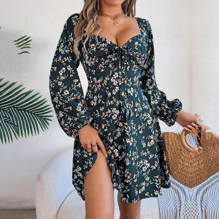 Floral Long Sleeve A Line Dress for Women High Waist V Neck Summer Spring Long Dress Pleated Elegant