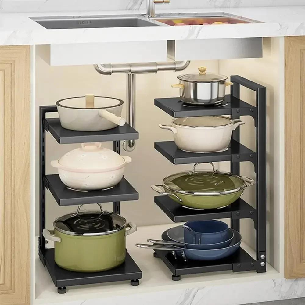 Kitchen Under Sink Pot Holder Multilayer Frying Pan Rice Cooker Seasoning Storage Rack Adjustable Stainless Steel Organizer Cake