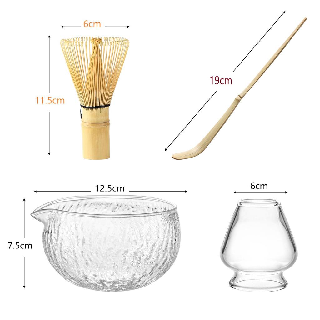 Glass Katakuchi Tea Bowl Set, Matcha Tea Ceremony Utensils, Tea Bowl, Transparent Chasen Holder, Chasen (100-piece Set), Peach-shaped Tea Scoop, 500ml