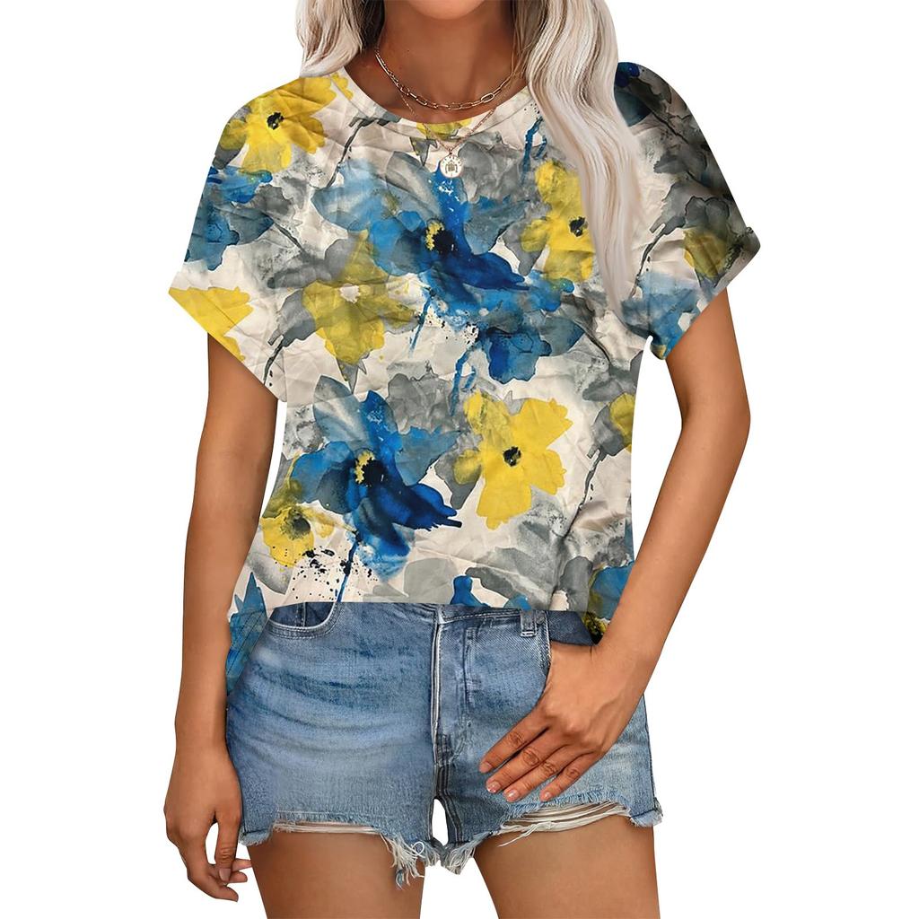 Haut Floral Décontracté Mode Femme Col Rond Manches Courtes Ourlet Roulotté