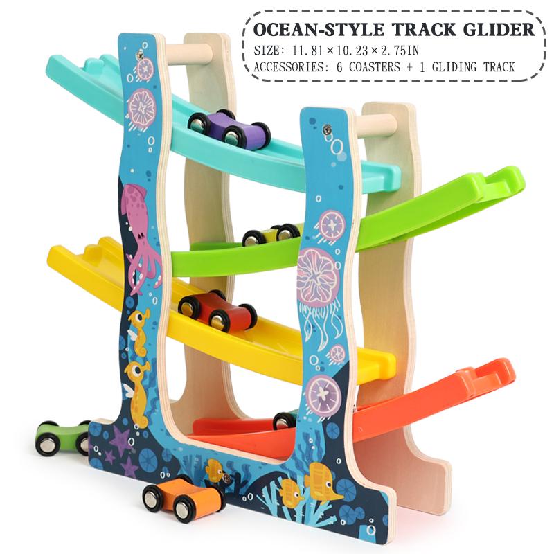 Montessori Multicolor 4-Track Car Ramp Toy with 6 Mini Cars Christmas Gift Party Presents Toddlers Wooden Fine Motor Puzzle Toy