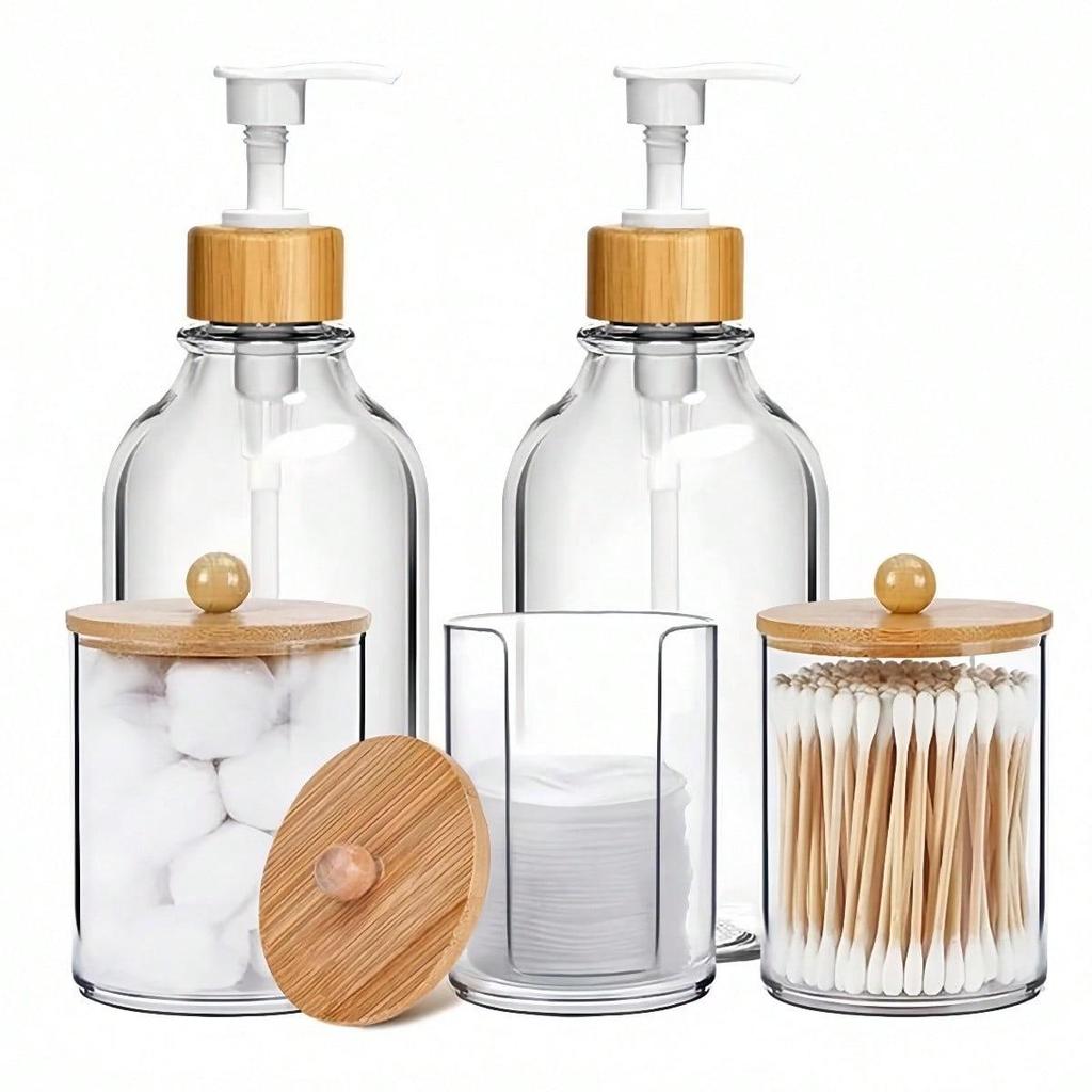 4-Piece Bathroom Set: Transparent Press-Down Soap Bottle, Toothbrush Holder, Bamboo Lid Cotton Swab Box, and Acrylic Cotton Ball Jar