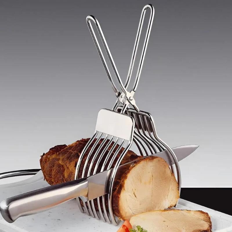 1 Pcs Stainless Steel Roast Meat Bread Cutting Tongs Effortless Slicing Food Holder Handheld Cheese Cutter Kitchen Supplies