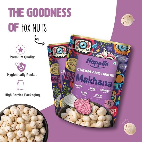 Happilo Premium Super Snack Makhana Smetana a Cibule 60g, Pražené Liščí Oříšky Zdravá Svačinka Nízkokalorické Bezlepkové a Veganské