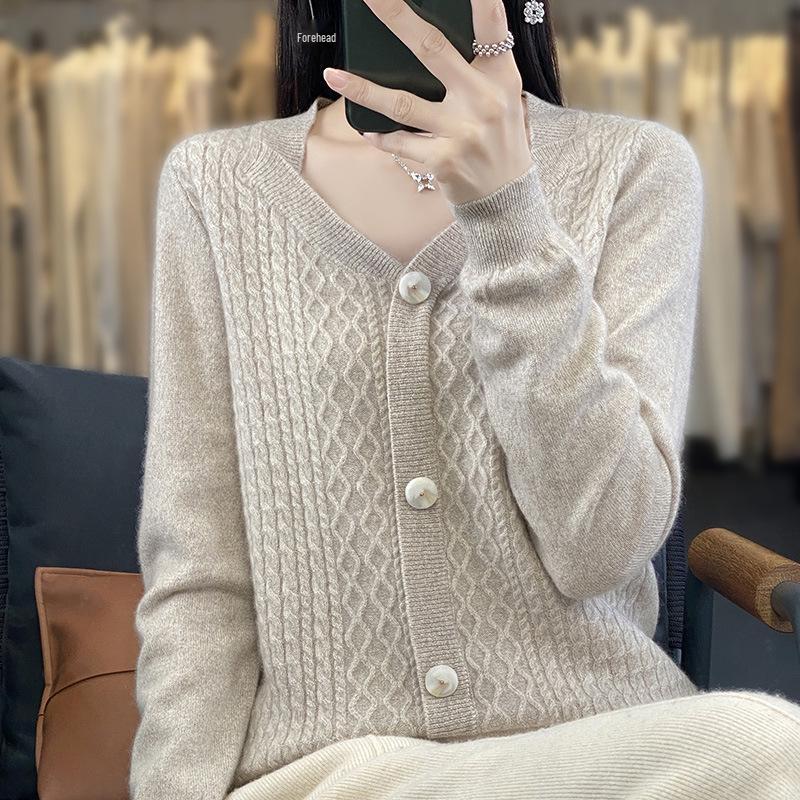 2023 Autumn/Winter Women's V-neck Slimming Cable Knit Cardigan Sweater - Versatile Wool Outerwear